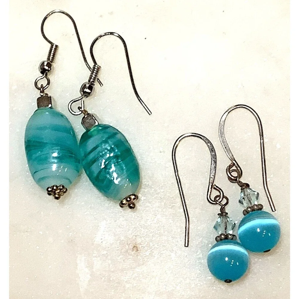 Glass Bead Earrings Blue Hand Blown Glass and Crystal Beaded Dangle Drop 2 Pairs